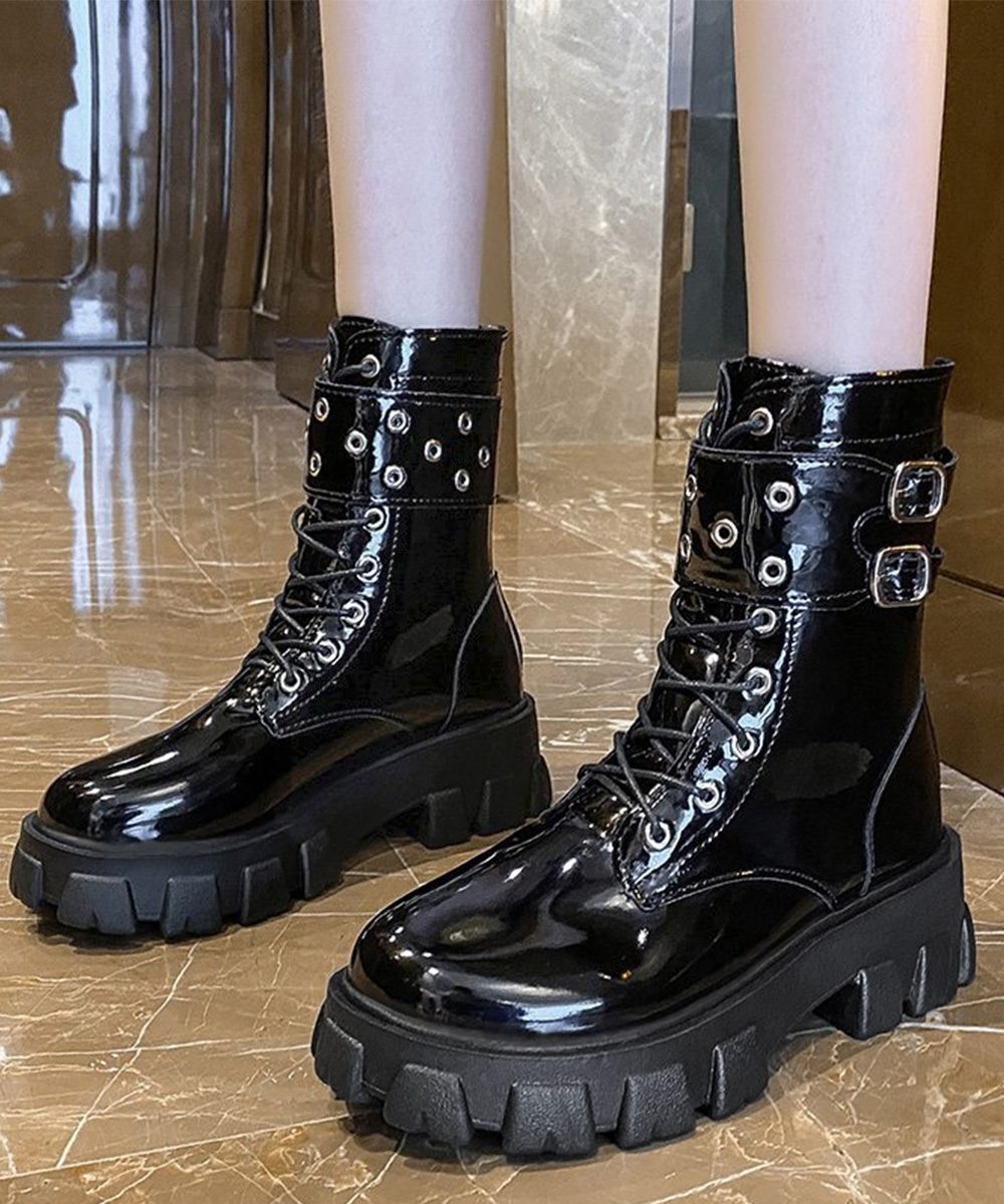 厚底ショートブーツ 黒ストームブーツ美脚