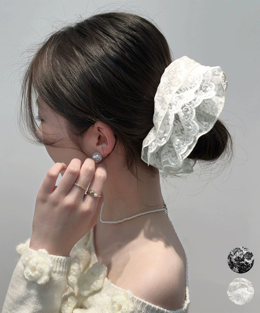 ボリュームレースシュシュ 大きめヘアゴム