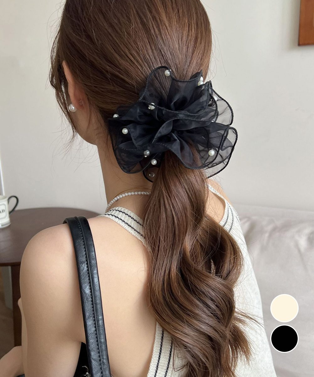 透け感シュシュ パール 韓国風 ヘアゴム
