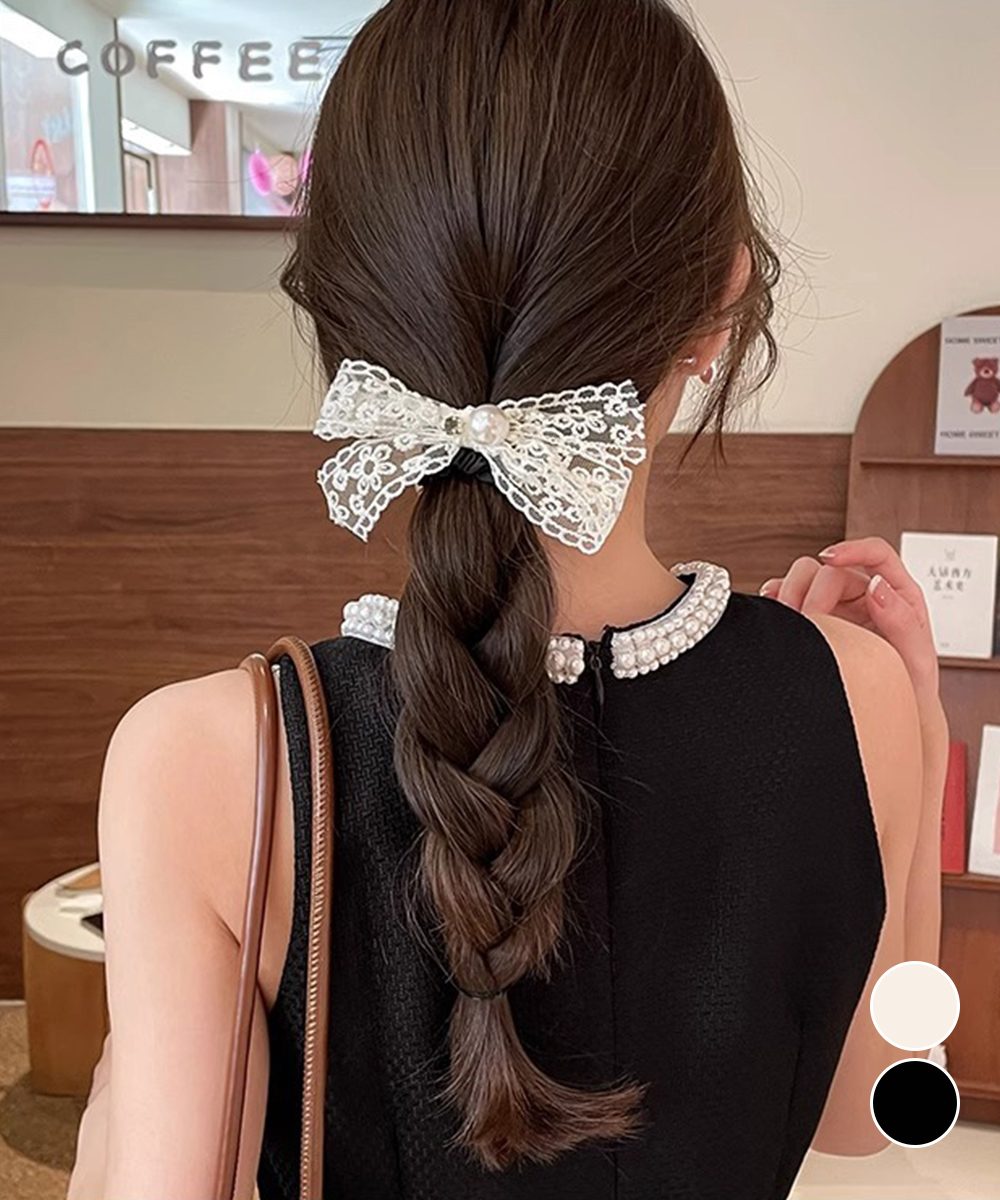 シュシュ レースリボン パール ヘアゴム