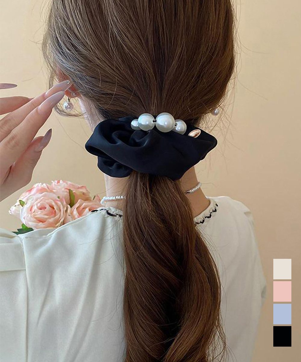 サテンヘアゴム シュシュ パール付き