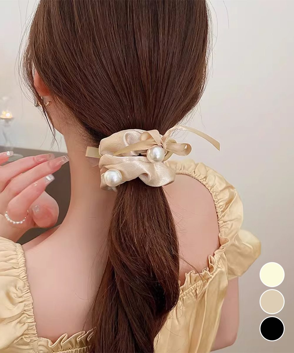 サテンヘアゴム パール付き シュシュ
