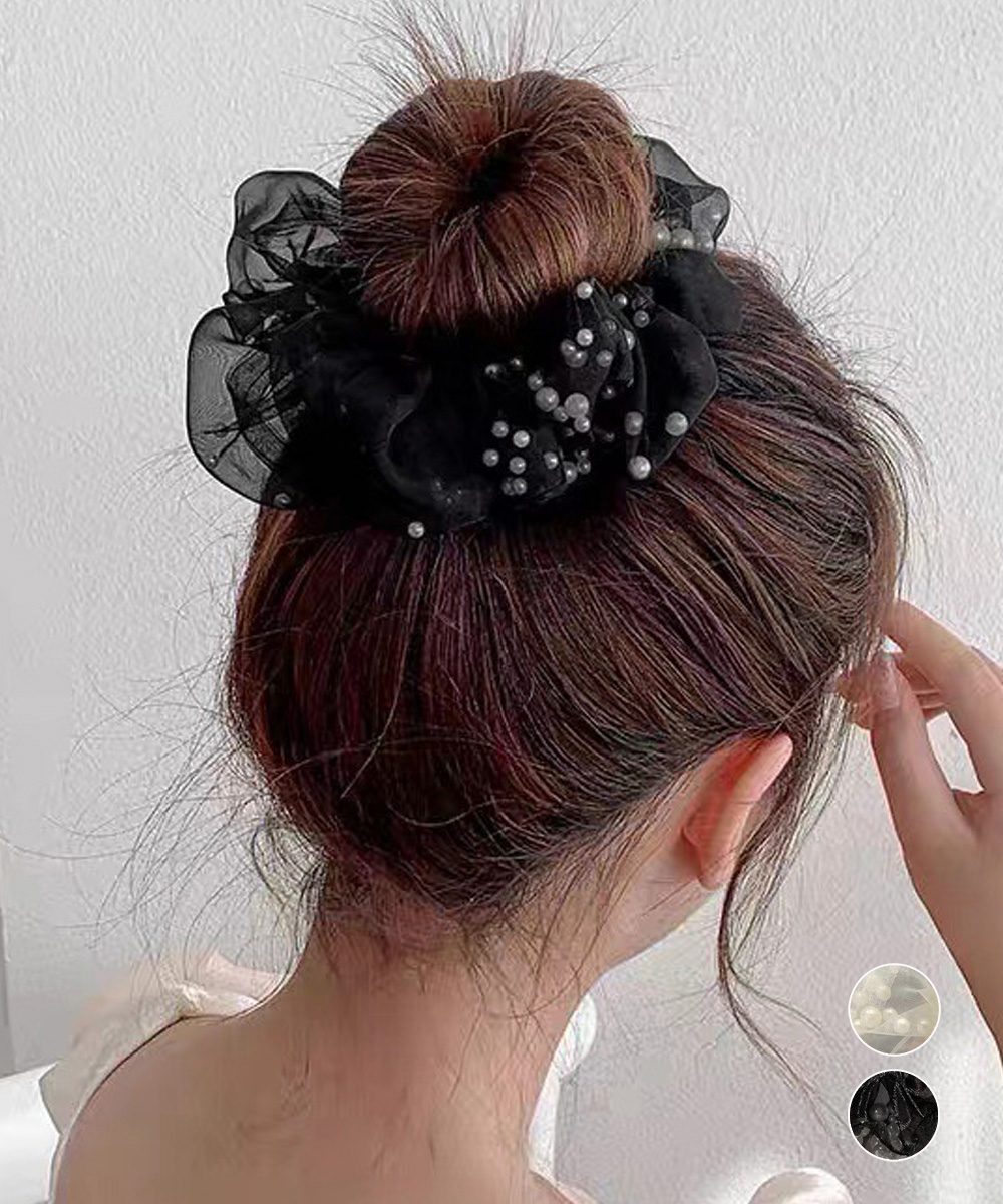 チュールシュシュ パール付きヘアゴム 黒