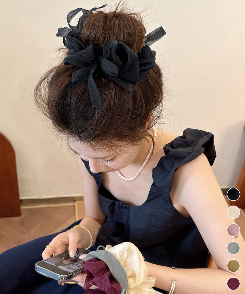リボンシュシュ 透け感ヘアゴムレディース
