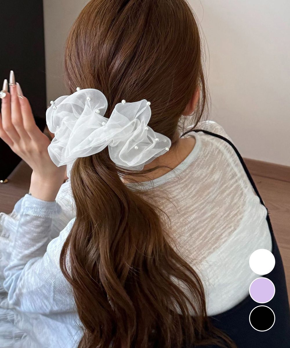 パール付きシュシュ 透け感ヘアゴム