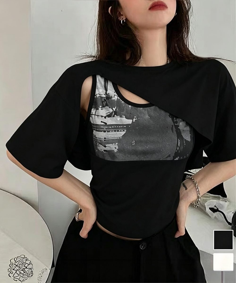 レイヤードタンク付きTシャツカットアウト