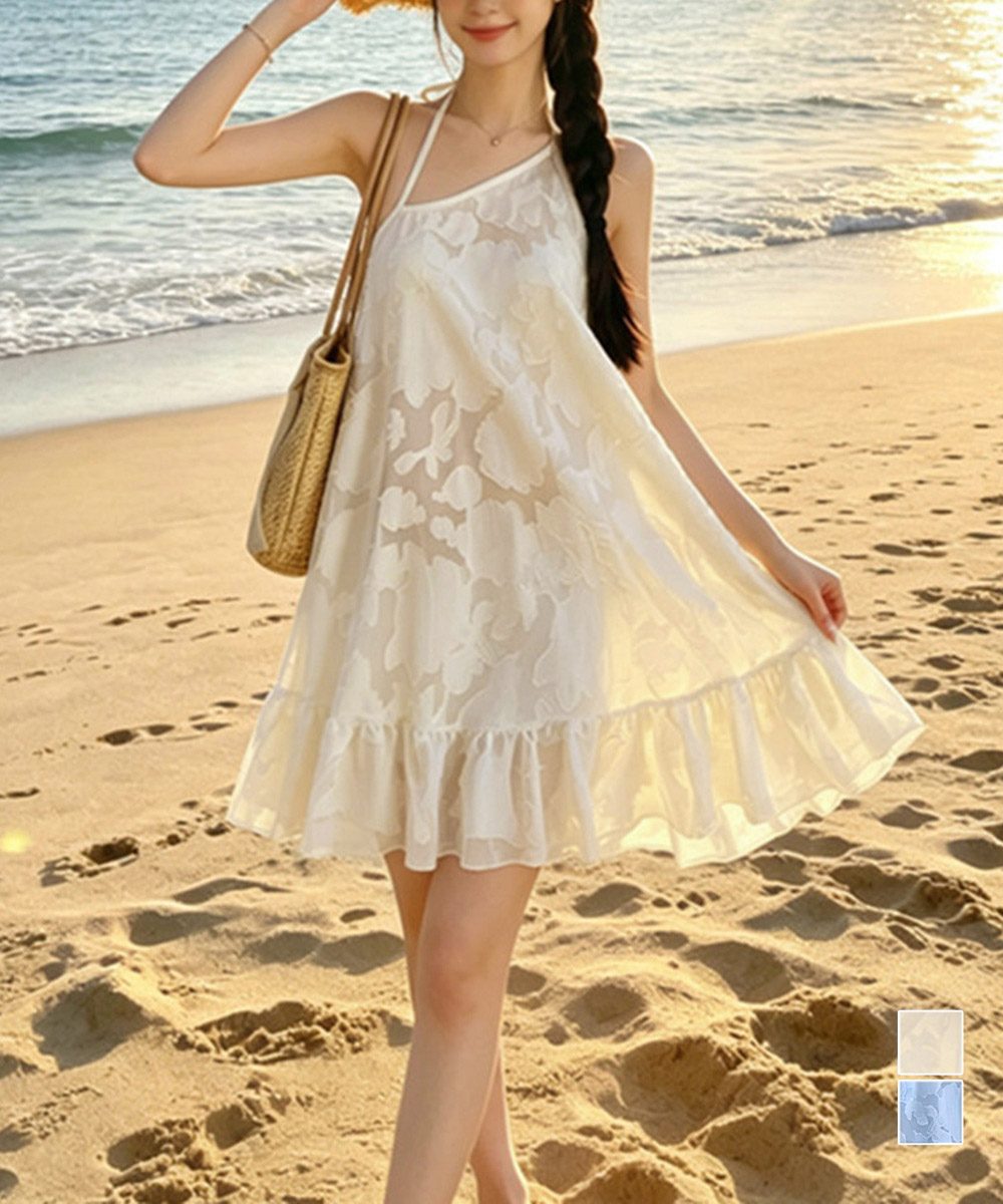 ビキニ3点セット花柄シアーワンピース付き