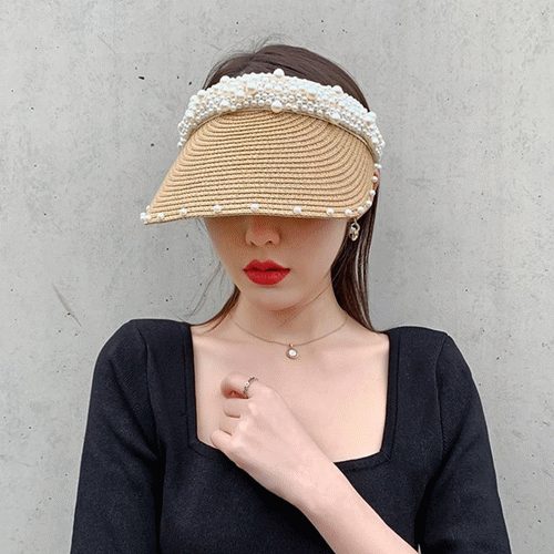 【即日発送可能】麦わら帽子 サンバイザー ストローハット つば広ハット パール付き 日焼け止め
