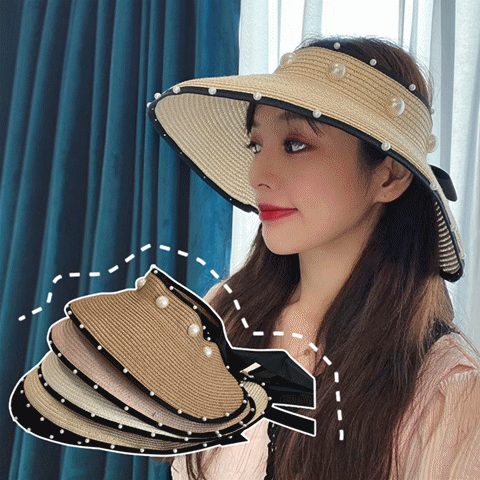 ストローハット サンバイザー つば広ハット 麦わら帽子 パール付き 日焼け止め 紫外線対策 レディース