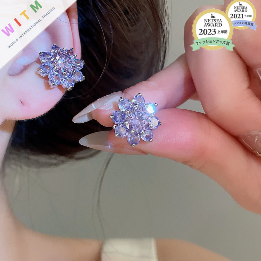 花 ラインストーン イヤークリップ イヤーカフ イアリング 耳飾り アクセサリー 紫 レディース オシャレ