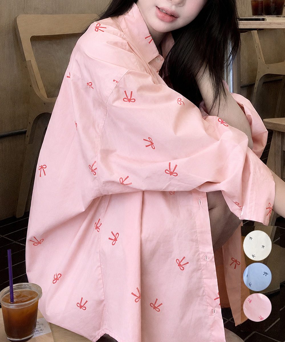 総柄リボンシャツブラウス ゆったりシャツ