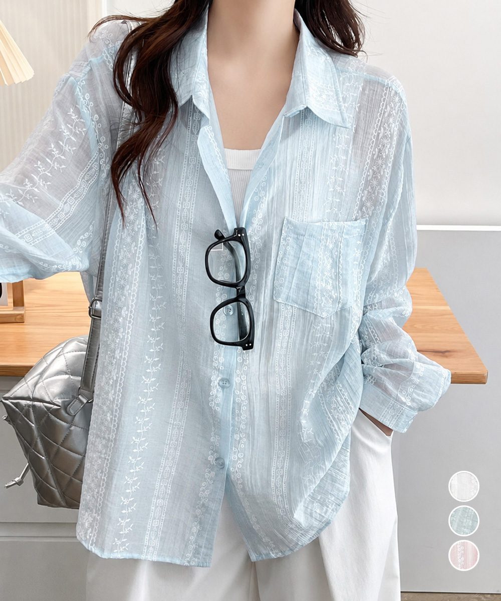 韓国風シアーシャツレース柄ブラウス春夏服