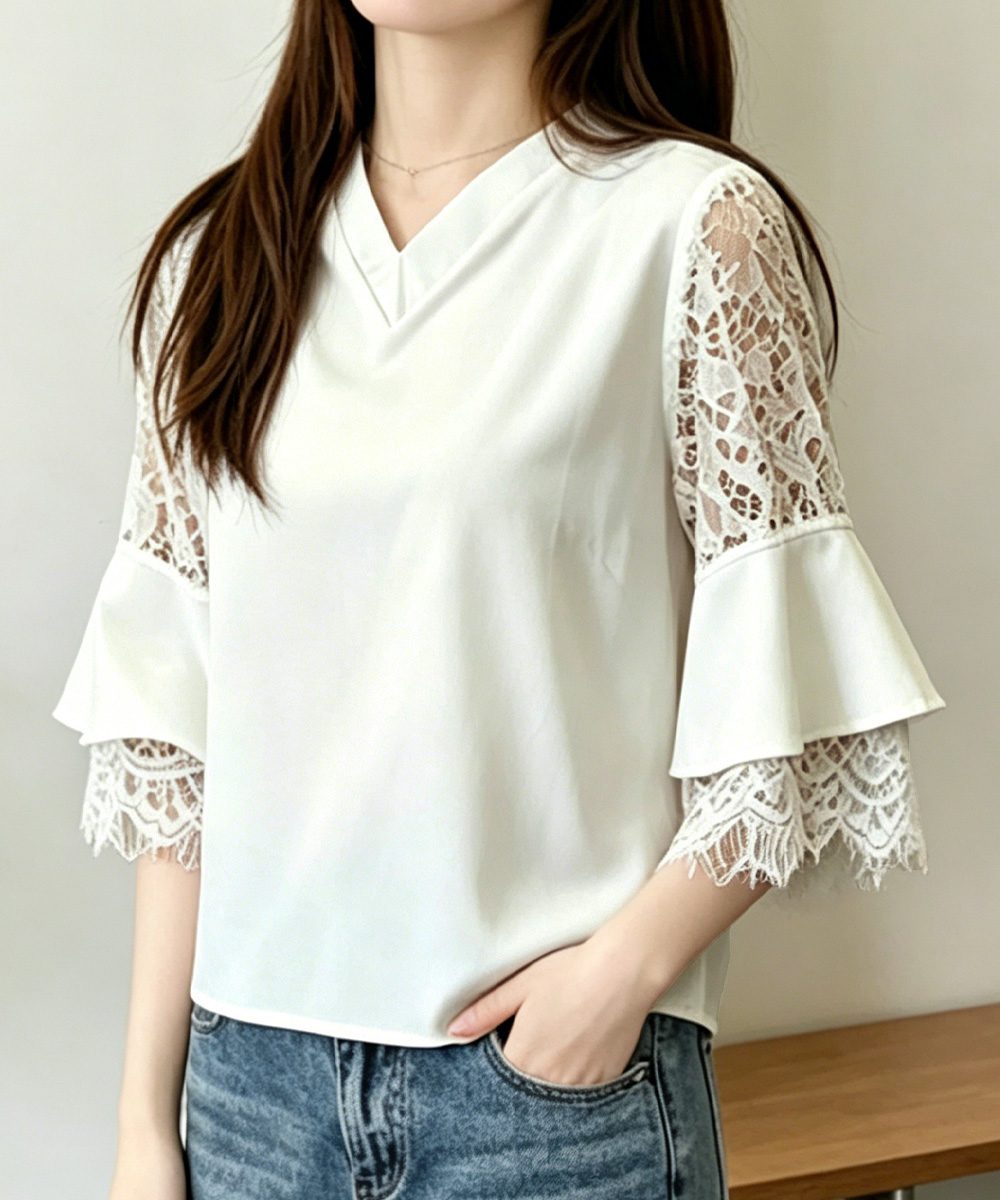 花柄レースVネックブラウスフレア袖春夏服