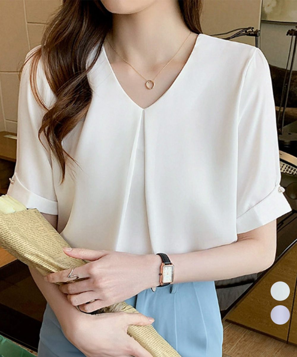 半袖シャツブラウスレディースVネック夏服