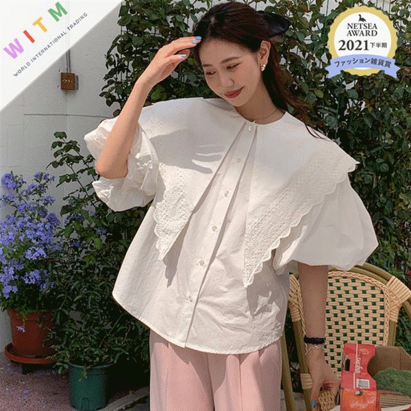 夏新作 トップス ラウンドネック 三分袖 体型カバー フレア袖 レディース
