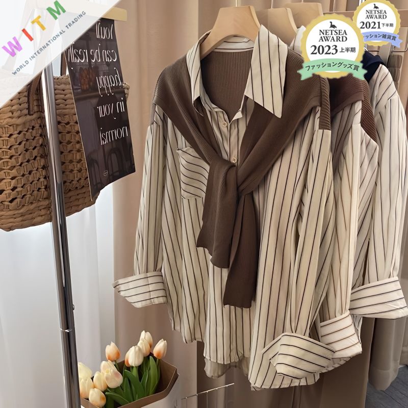 新作 ストライプ柄 シャツ+ショール 2点セット レディース服 長袖 トップス 春秋 オシャレ カジュアル