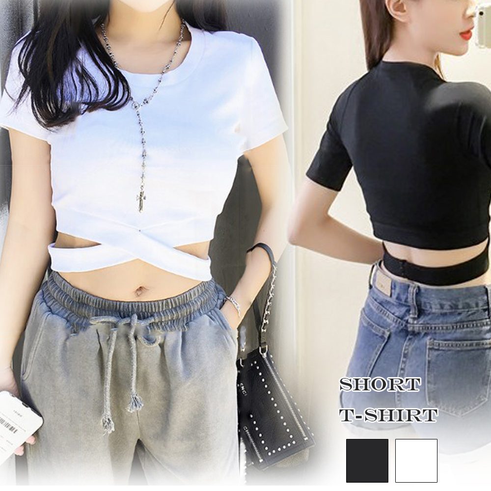 へそ出し トップス レディース 半袖 tシャツ 無地 カットソー ショート丈
