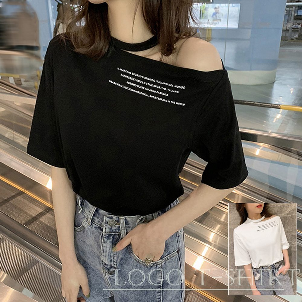 ワンショルダー ｔシャツ レディース ロゴ カットソー 半袖 トップス 春夏