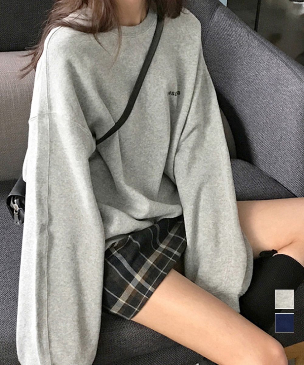 韓国風ロゴカットソーゆる ロングTシャツ