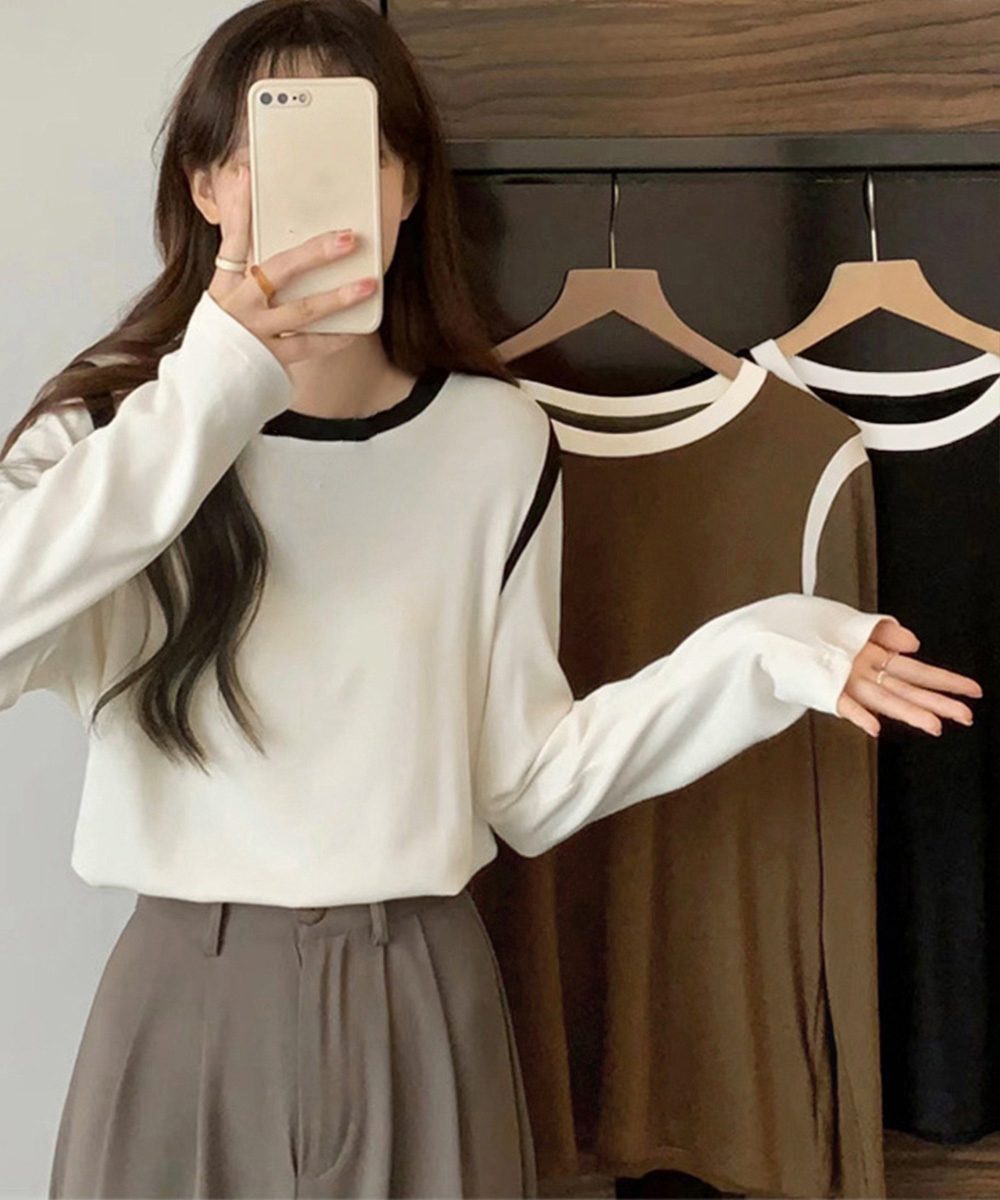 バイカラー Tシャツ 長袖 韓国風