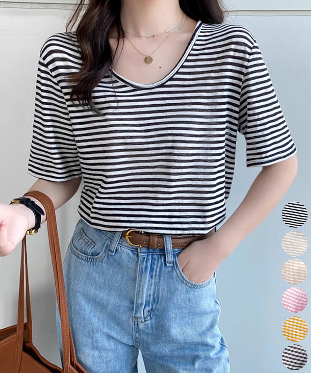 ボーダー柄Tシャツ Vネックカットソー夏