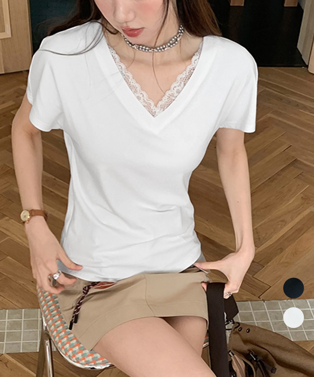 VネックTシャツ春夏 半袖トップス韓国風