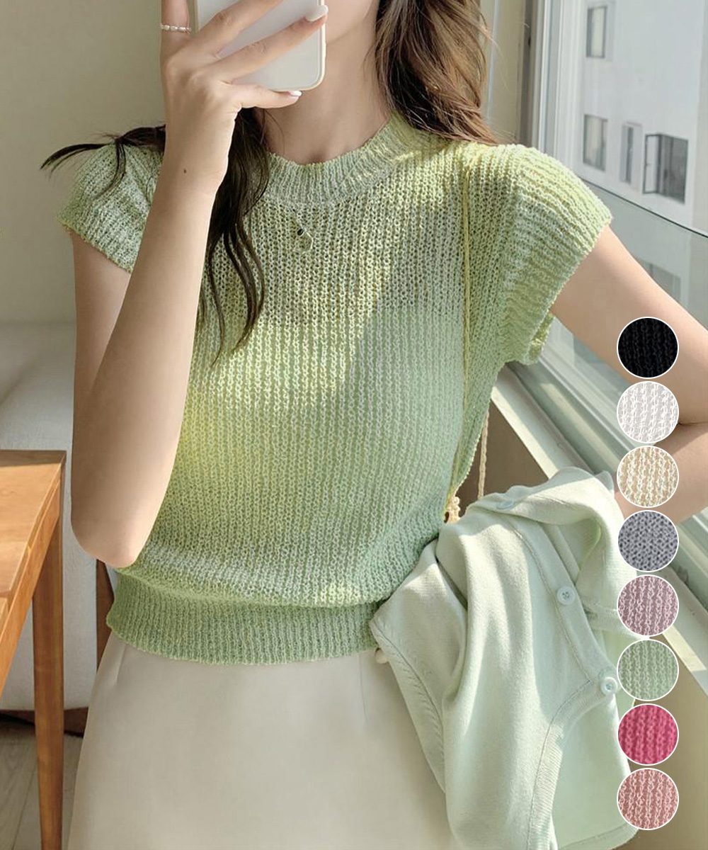 フレンチスリーブサマーニットトップス夏服