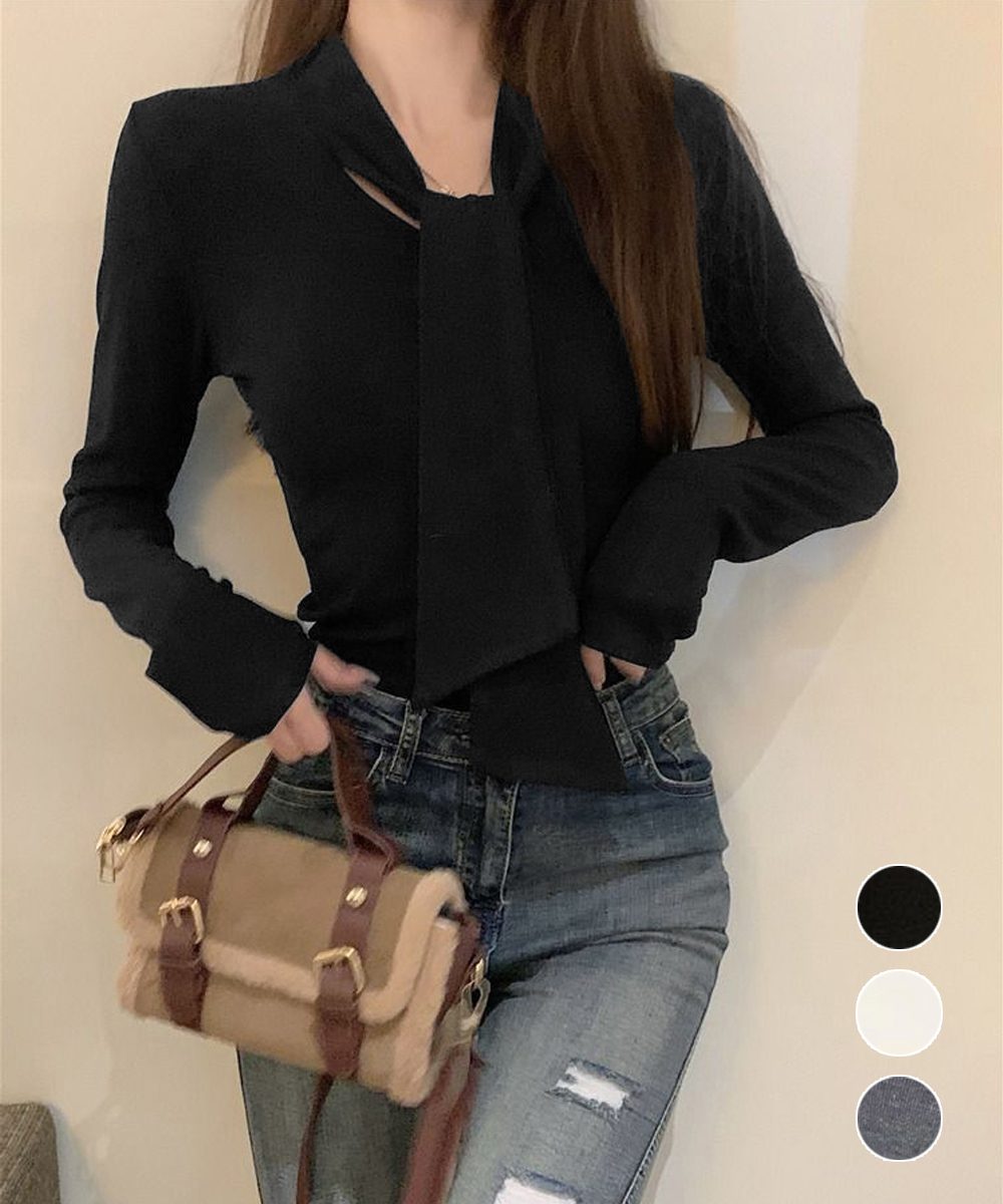 リボンタイ付きトップス ボウタイtシャツ