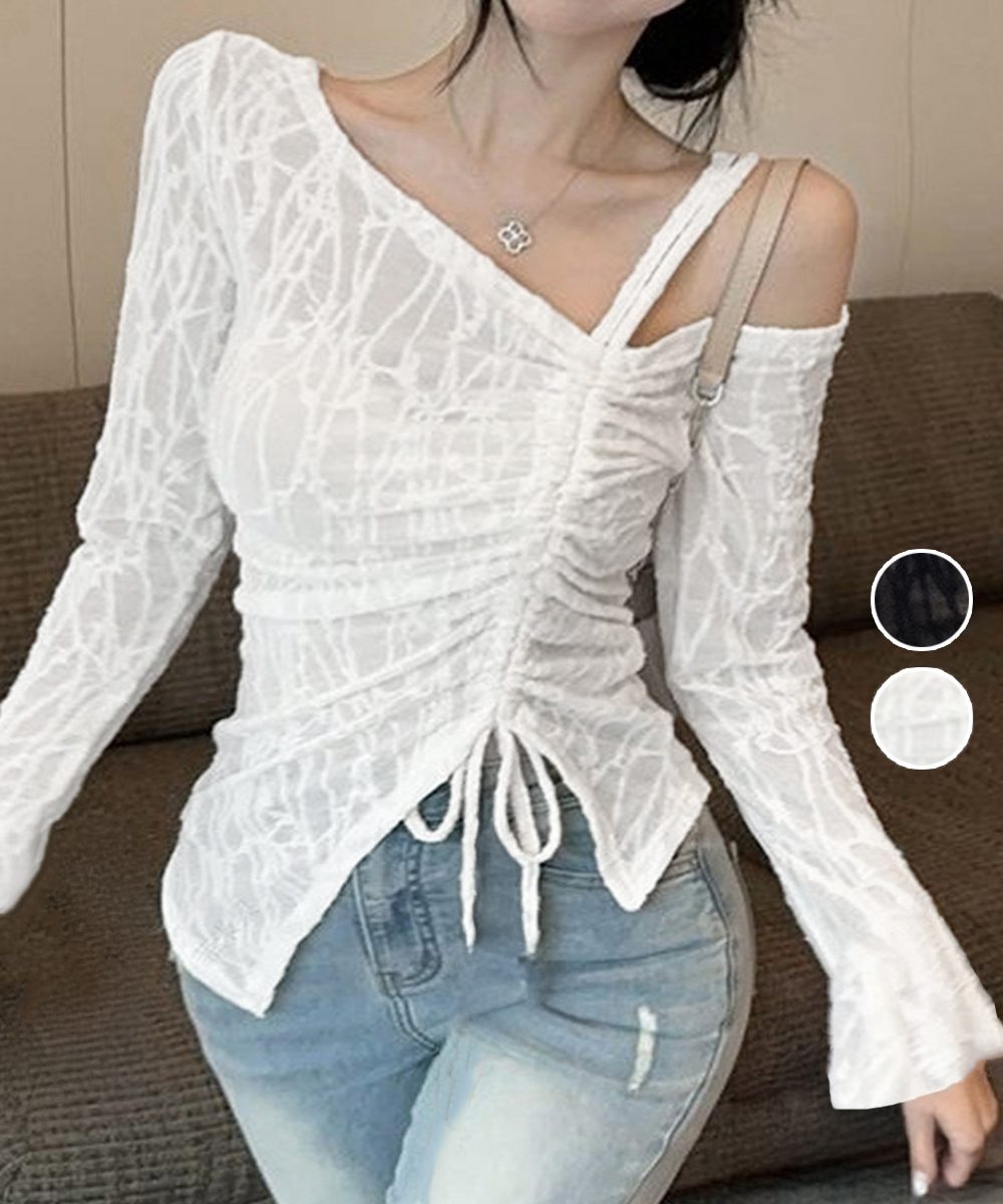 ワンオフショルダーレースTシャツギャザー