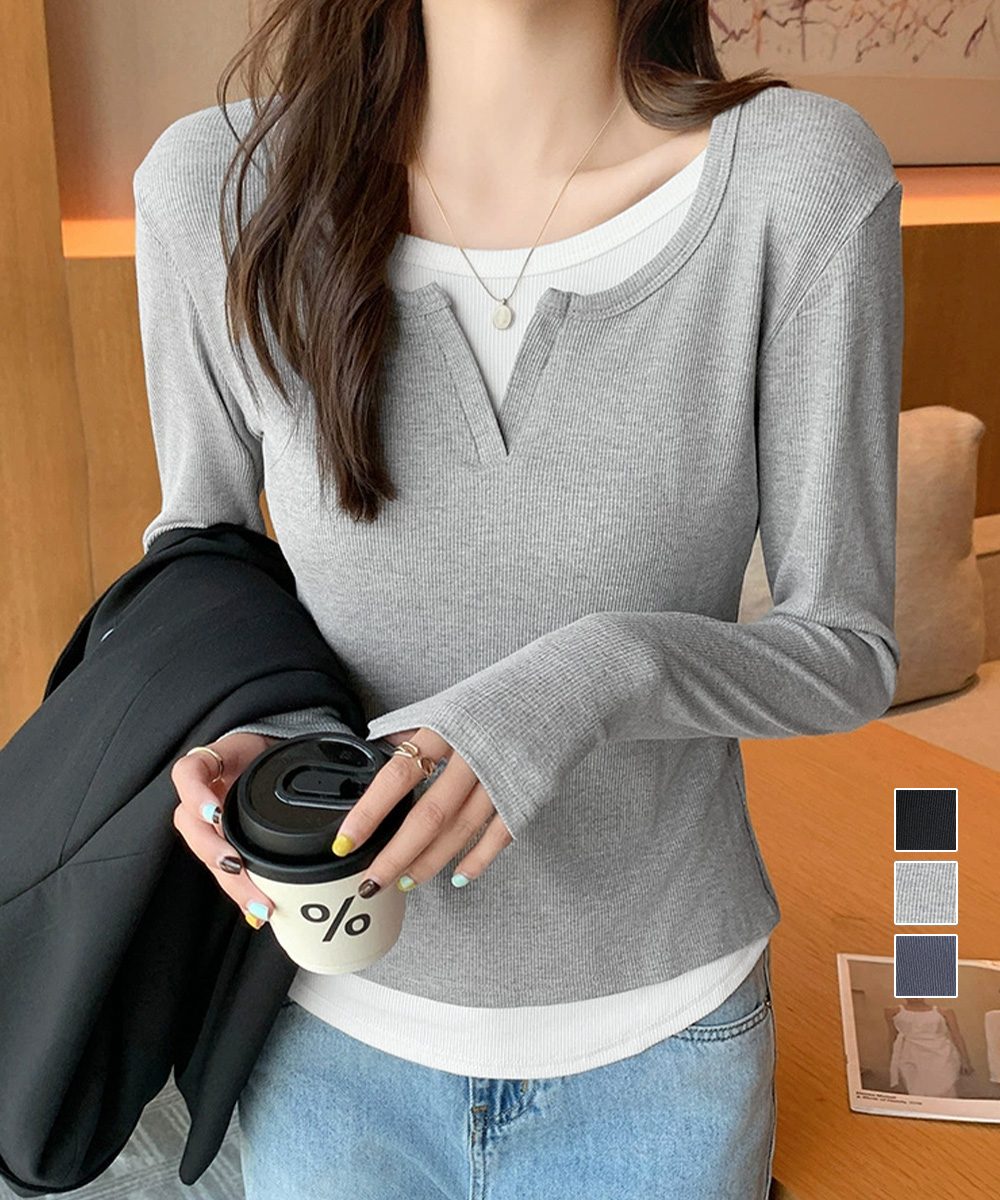 レイヤード風Tシャツ スリットネック秋服