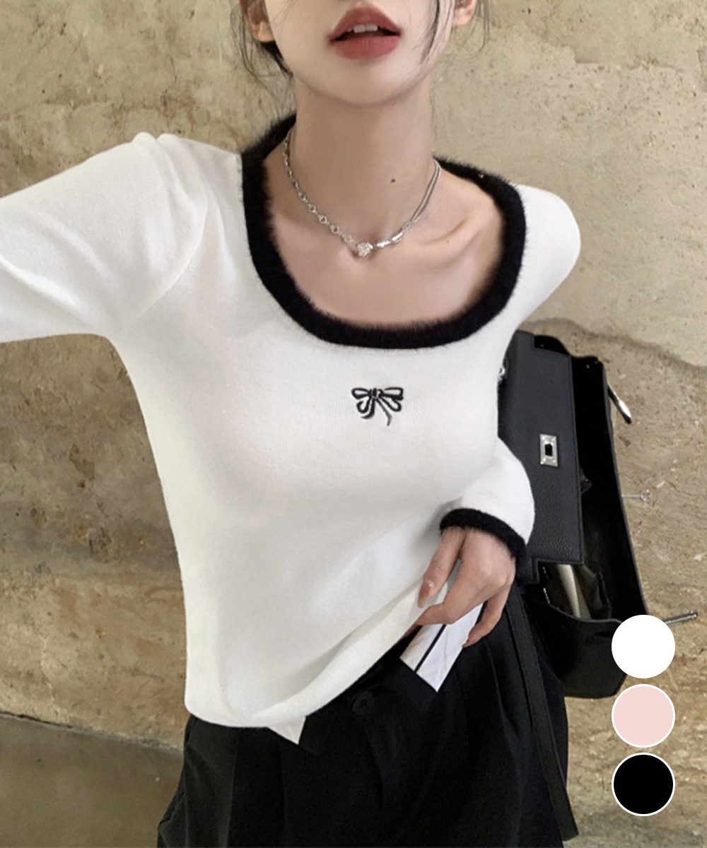 Tシャツ クールネック 刺しゅう 秋冬