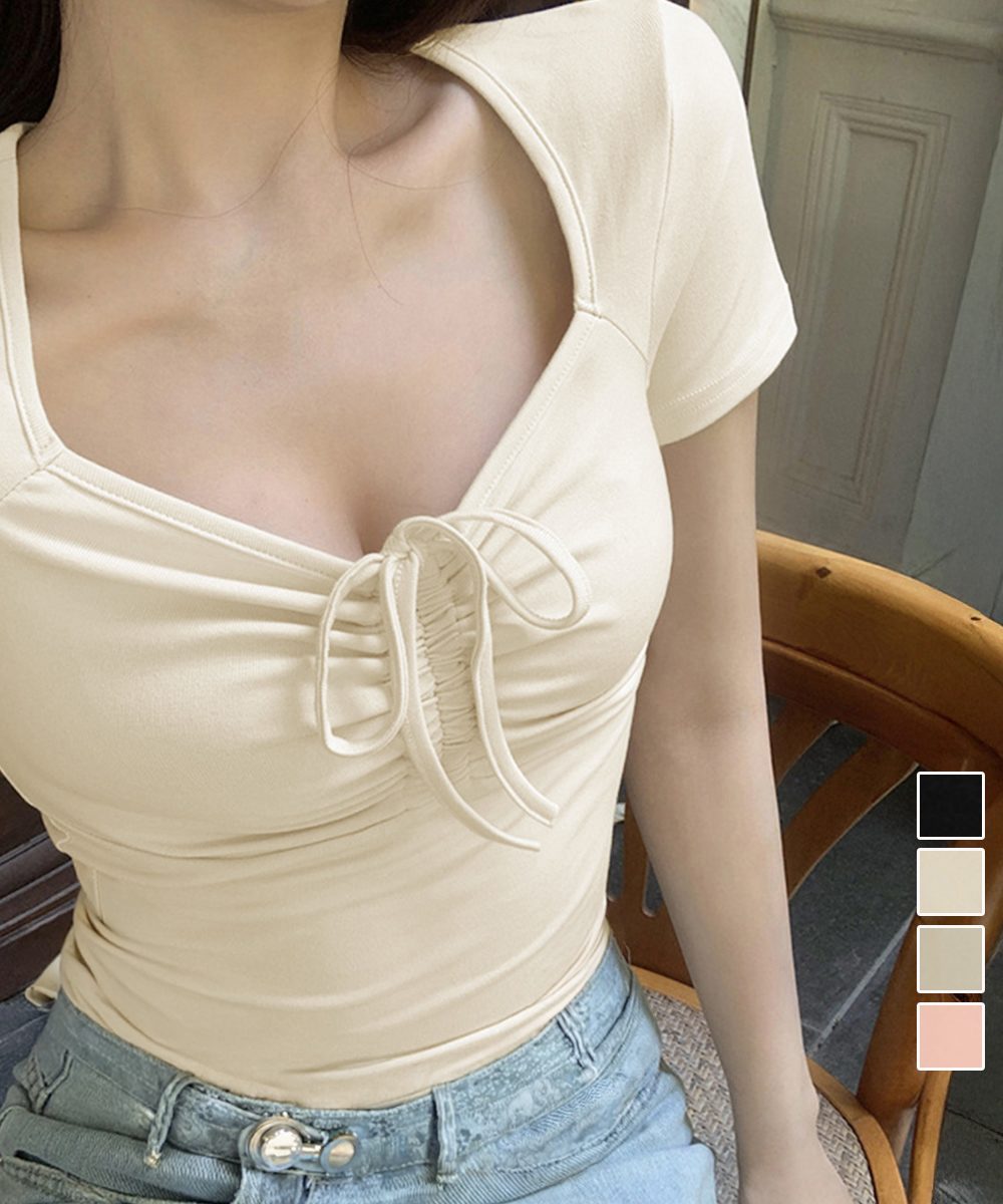 フロントリボンTシャツ ギャザートップス