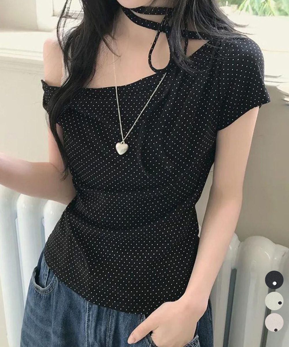 ドット柄tシャツオフショルダートップス夏