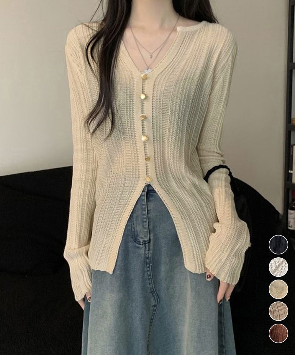 透かし編みＶネックニット フロントボタン