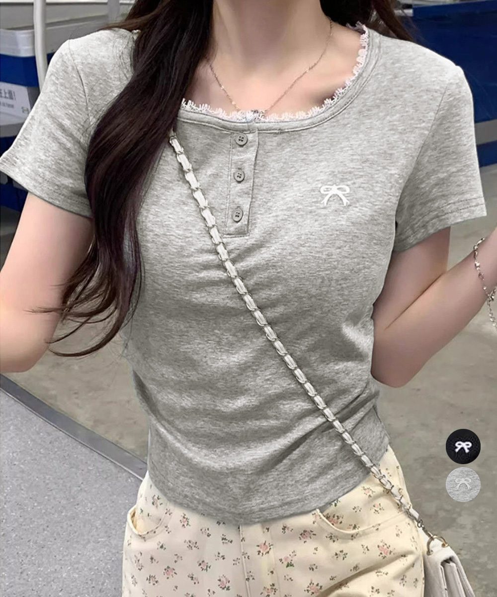 ワンポイントリボンTシャツレース配色半袖
