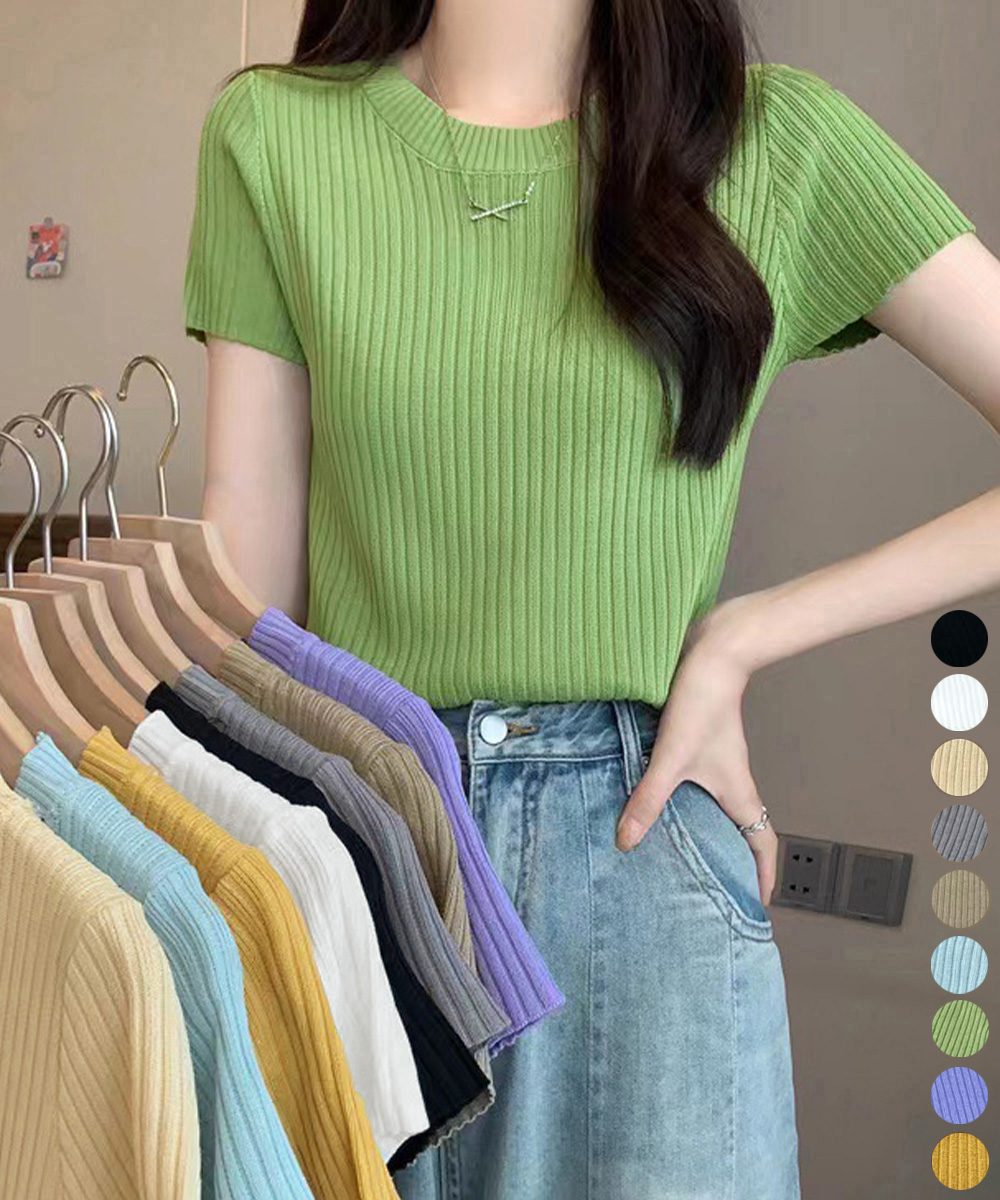 リブニットトップスサマーニット半袖春夏服