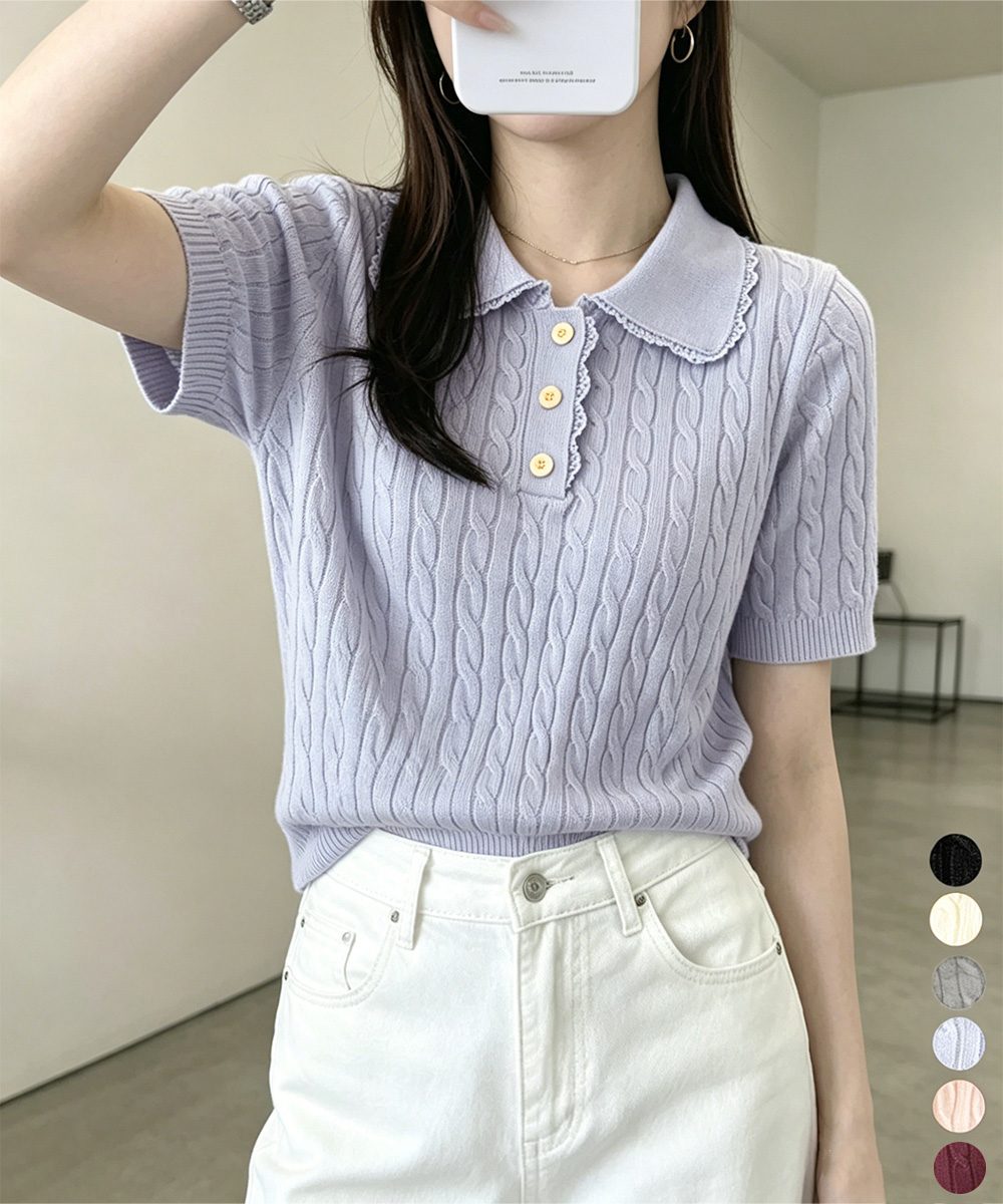 襟付き ポロニット ケーブル半袖トップス