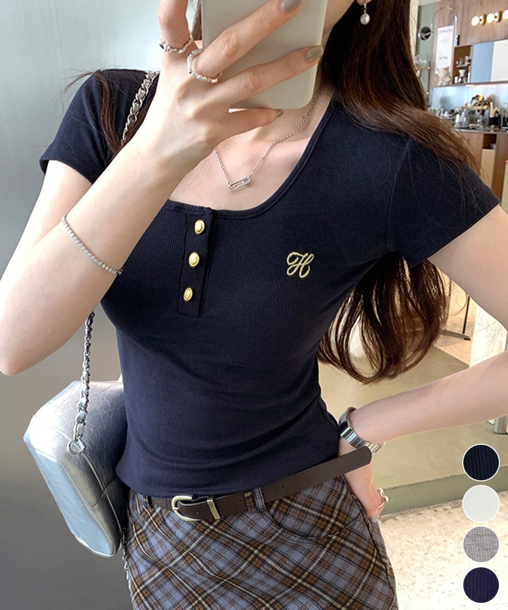 ヘンリーネック 半袖Tシャツワンポイント