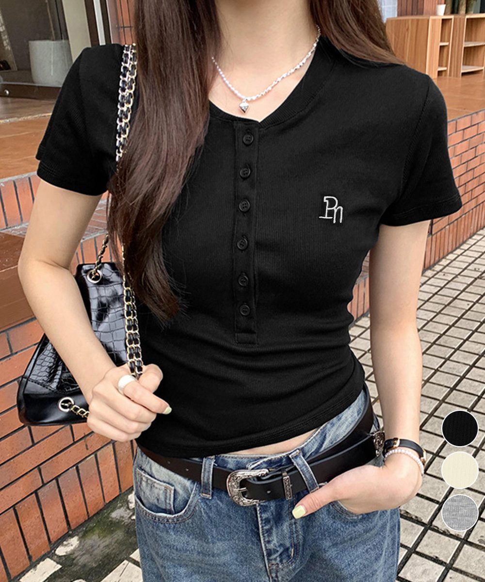 ヘンリーネックTシャツワンポイントロゴt