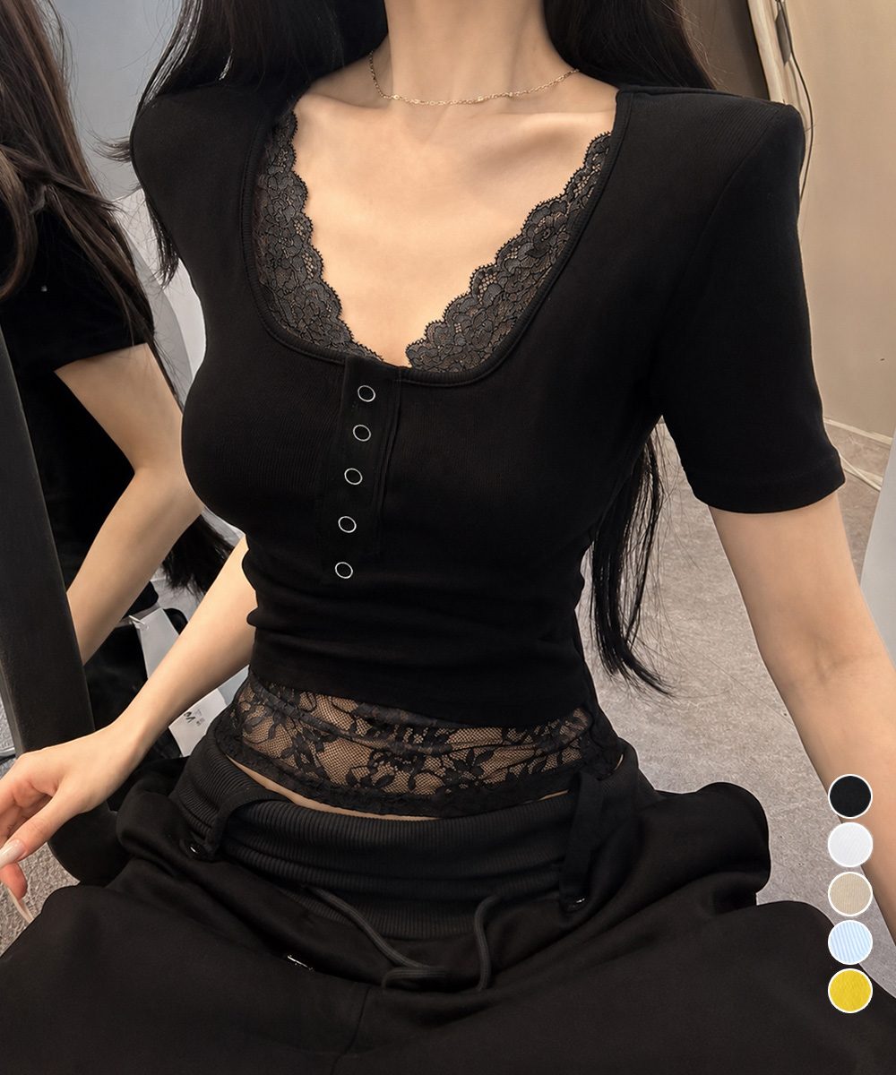 ヘンリーネックＴシャツ レースレイヤード