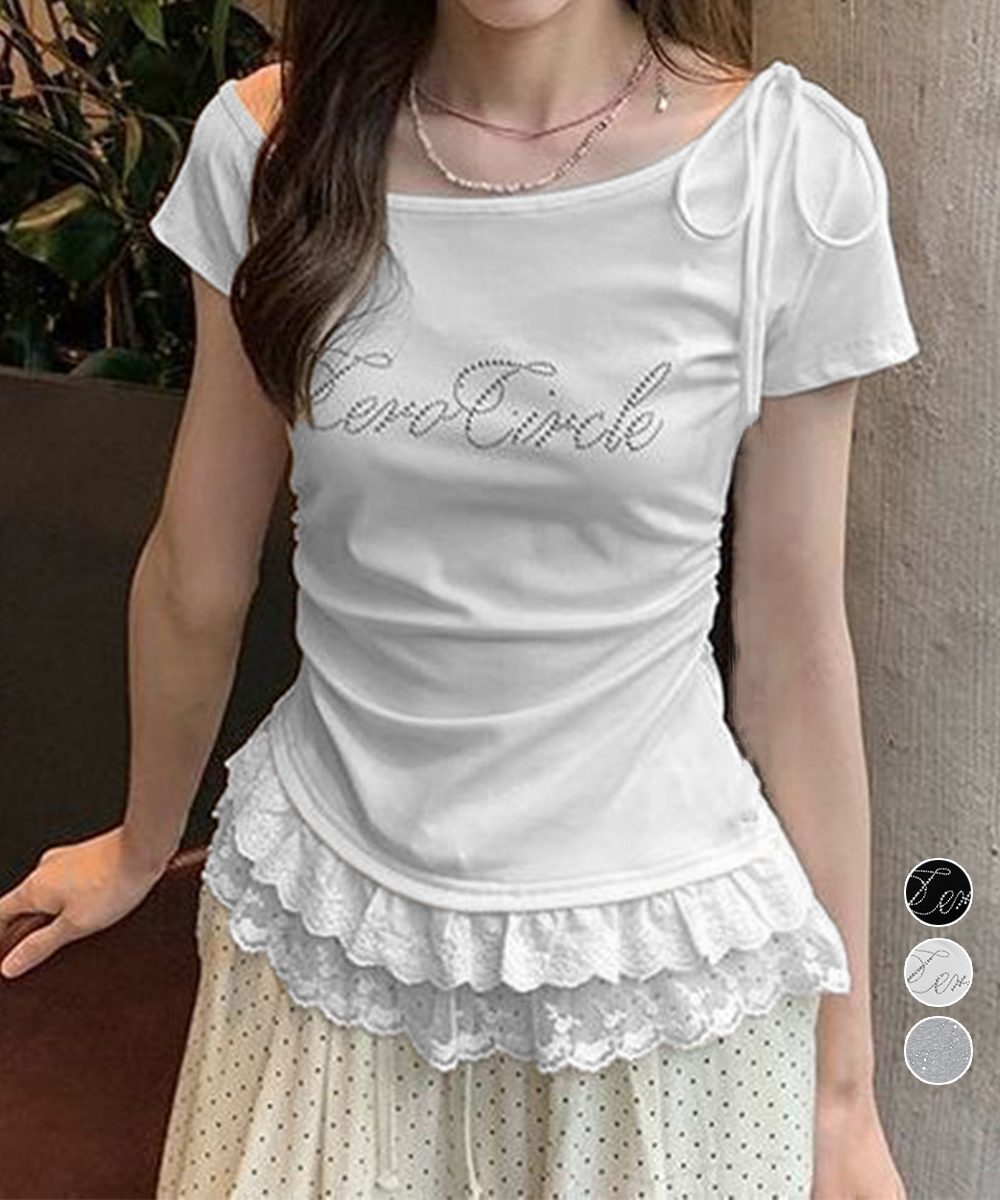 オフショルTロゴtシャツ肩リボントップス