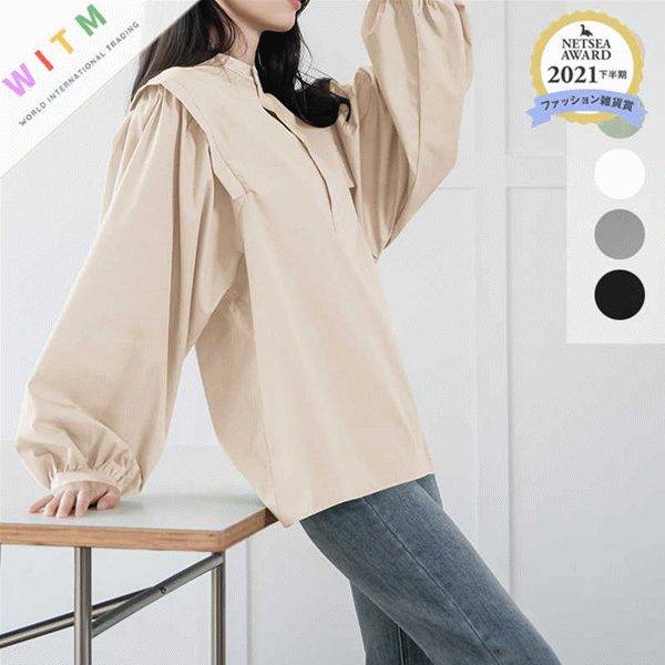 無地 長袖シャツ ブラウス レディース フレア襟 プリーツ おしゃれ 大人可愛い