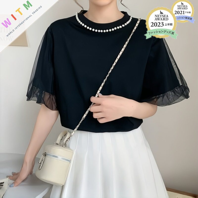 夏新作 シャツ 三分袖 トップス パール付き ラウンドネック レディース 大人可愛い