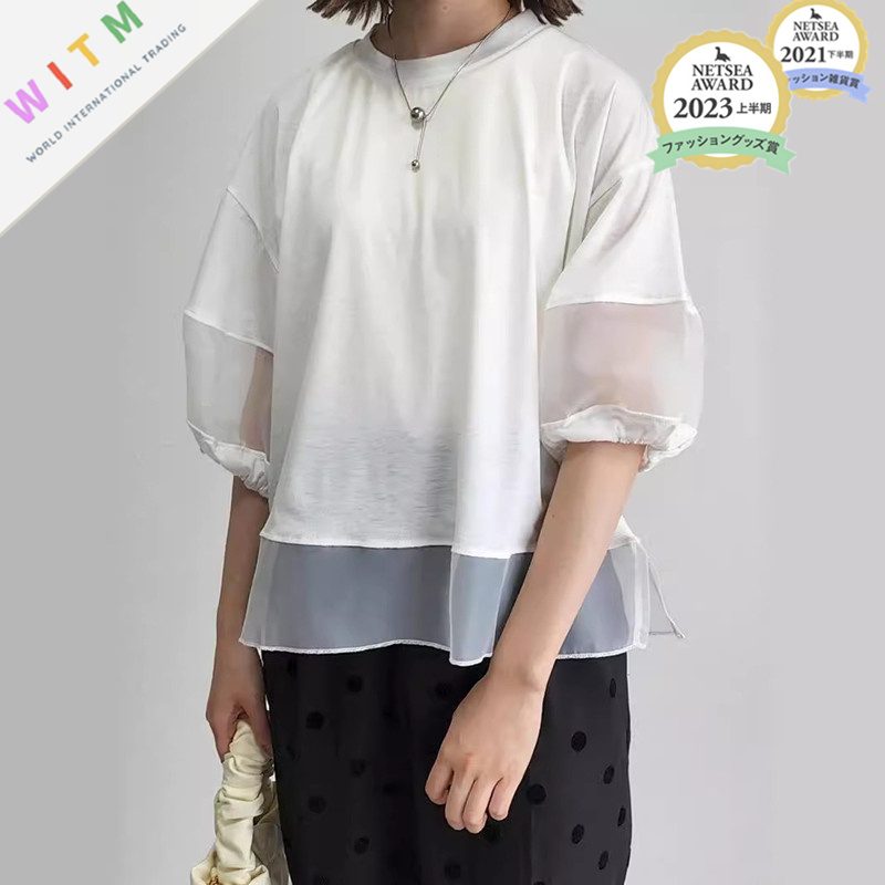 新作 異素材 Tシャツ フレアtシャツ オーガンジー 半袖 パフスリーブ レディーストップス 可愛い