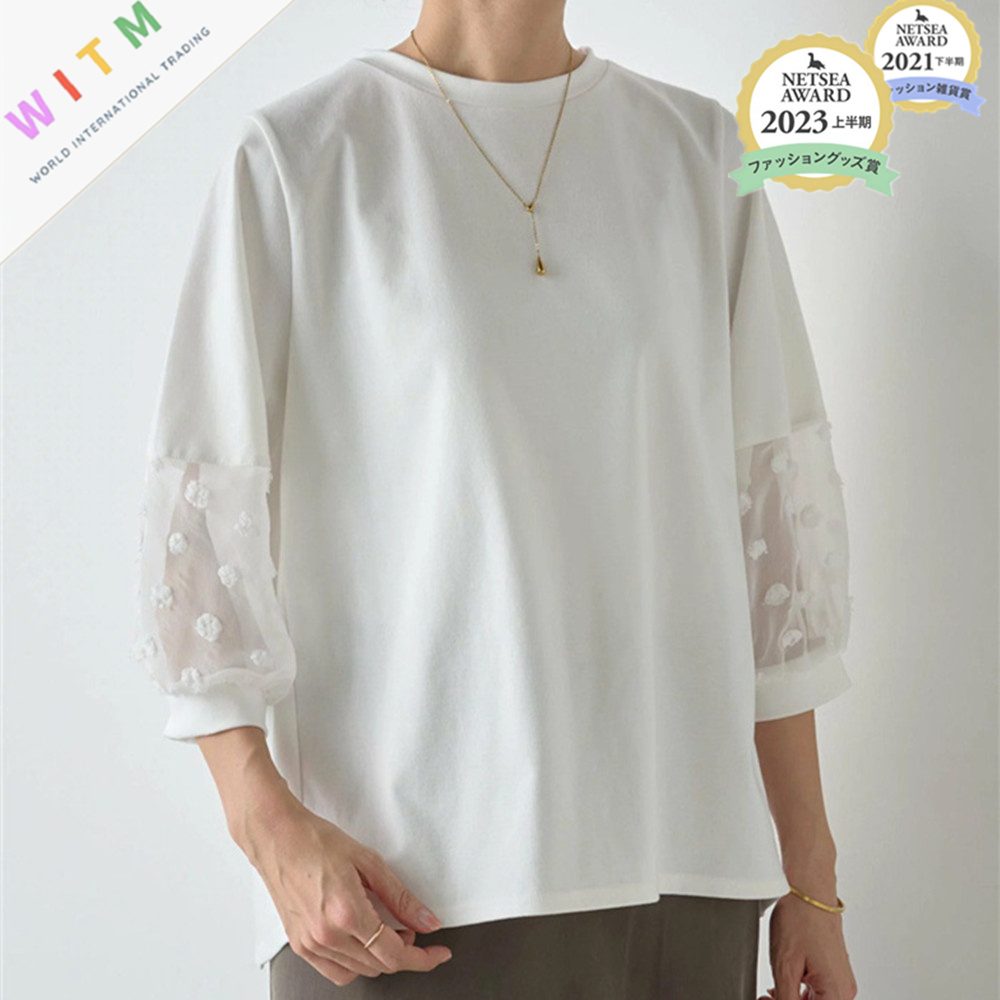 新作 異素材 Tシャツ 人気tシャツ シフォン 半袖 パフスリーブ レディーストップス トレンド感
