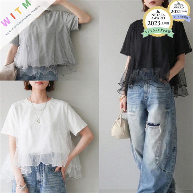 春夏新作 半袖Tシャツ 二重 メッシュ ラウンドネック トップス 体型カバー レディース カジュアル