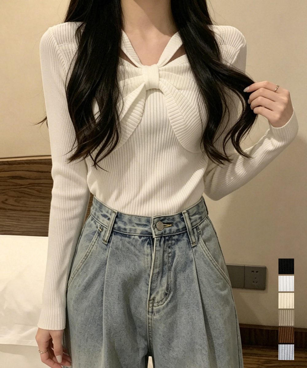 フロントリボンリブニットトップス大人秋服