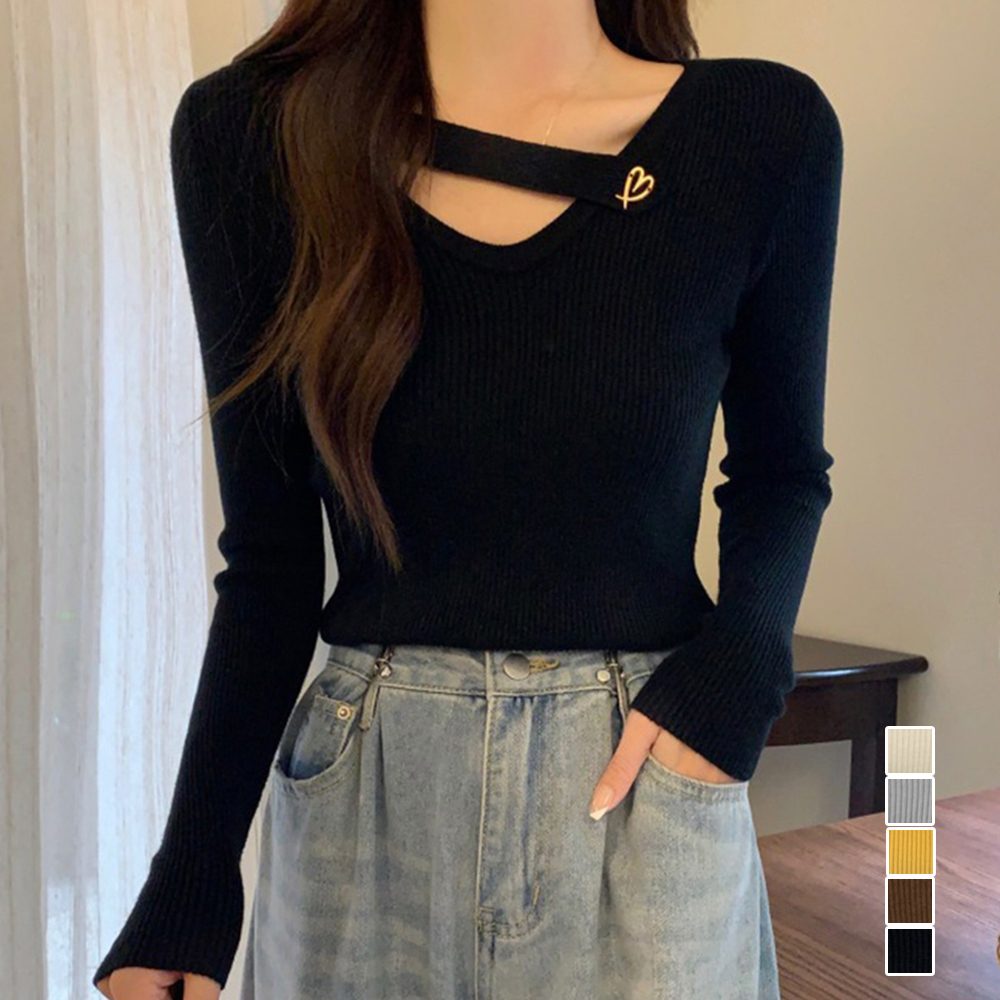 Vネック リブニットトップス 大人秋服