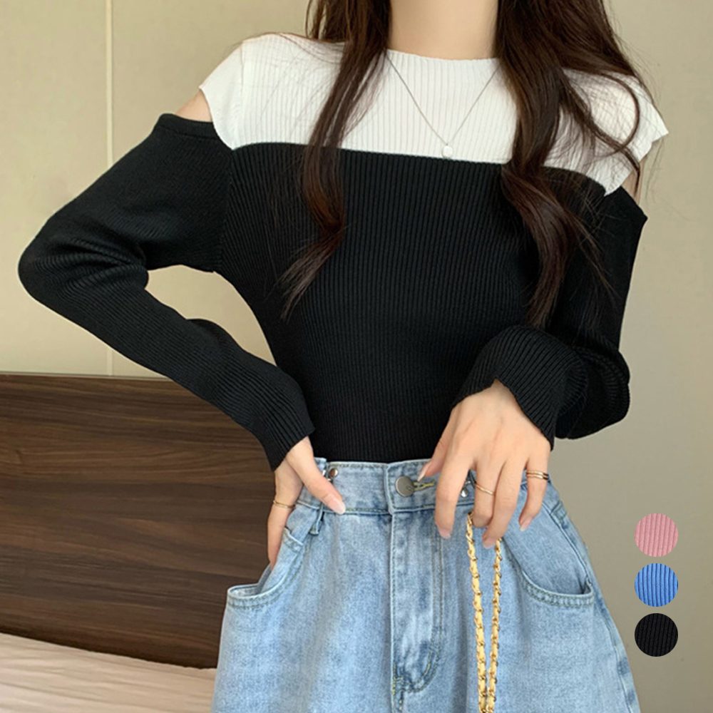 肩あきニットトップス バイカラー大人秋服