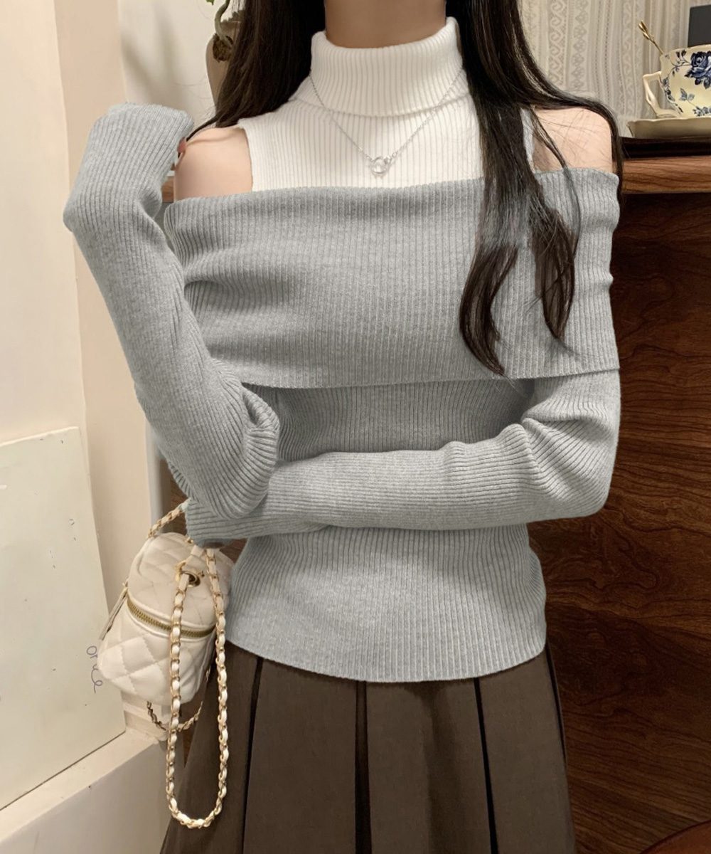 肩あきニットトップスタートルネックニット